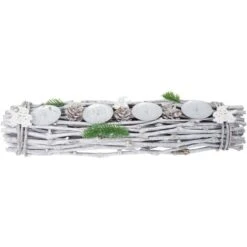 Couronne De L'Avent, Oblongue, Décoration De Noël, Composition De L'Avent, Bois, 60x16x9cm Blanc/gris