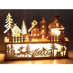 Village De Noël Lumineux En Bois, LED Blanche Chaude, Paysage Naturel En Bois Cm 30 X 10 X 20,5 H