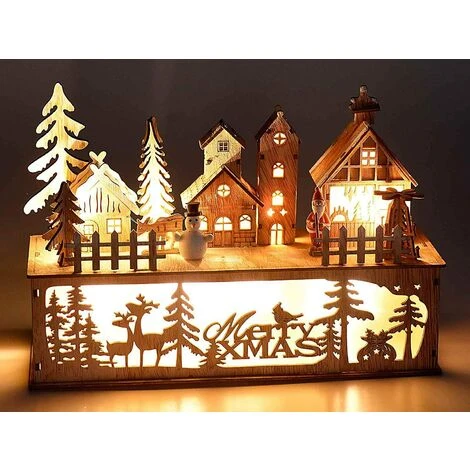 Village De Noël Lumineux En Bois, LED Blanche Chaude, Paysage Naturel En Bois Cm 30 X 10 X 20,5 H 3 Village De Noël Lumineux En Bois, LED Blanche Chaude, Paysage Naturel En Bois Cm 30 X 10 X 20,5 H