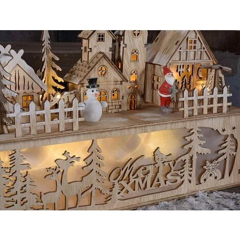 Village De Noël Lumineux En Bois, LED Blanche Chaude, Paysage Naturel En Bois Cm 30 X 10 X 20,5 H 4 Village De Noël Lumineux En Bois, LED Blanche Chaude, Paysage Naturel En Bois Cm 30 X 10 X 20,5 H – Image 2