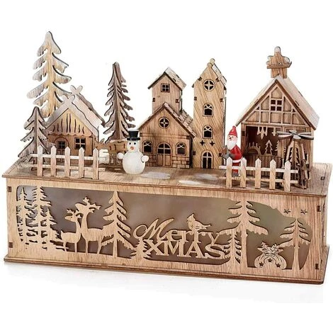 Village De Noël Lumineux En Bois, LED Blanche Chaude, Paysage Naturel En Bois Cm 30 X 10 X 20,5 H 5 Village De Noël Lumineux En Bois, LED Blanche Chaude, Paysage Naturel En Bois Cm 30 X 10 X 20,5 H – Image 3