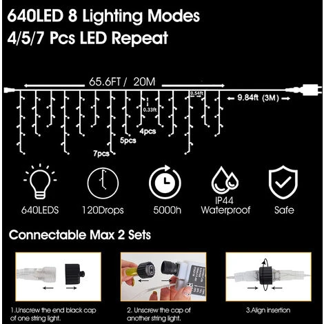 Guirlande LED Noël Lumineuse Rideau 20m 640 Leds Noël Rideau Lumineux Decoration Fenêtre, Noël Mariage Anniversaire Maison Patio 4 Guirlande LED Noël Lumineuse Rideau 20m 640 Leds Noël Rideau Lumineux Decoration Fenêtre, Noël Mariage Anniversaire Maison Patio – Image 2