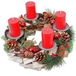 Couronne De L'Avent Décoration De Noël Rond En Bois Ø 33cm Avec 4x Bougies Rouges