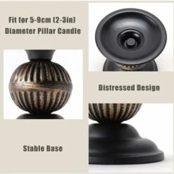 Ensemble De Bougeoirs Vintage En Métal Noir Pour Bougie Pilier Porte-bougeoir Rétro Givré Bougeoir Chandelier Centre De Table Ornements De Table De Noël Pour Décor De Cheminée à Café -Lemax Decor Magasin 66965357 4