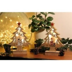 Décoration De Noël En Bois , Lot De 2 Sapins De Noël En Bois Avec LED H=23cm L=16cm Ref 8840
