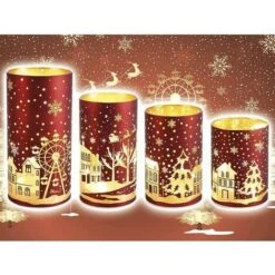 Lampes Décoratives De Noël à LED, Lot De 4 Photophores En Verre à LED, Décoration Noël Rouge Et Or , Paysage De Noël,Hiver. -Lemax Decor Magasin 68752327 3