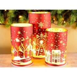 Lampes Décoratives De Noël à LED, Lot De 4 Photophores En Verre à LED, Décoration Noël Rouge Et Or , Paysage De Noël,Hiver. -Lemax Decor Magasin 68752327 4