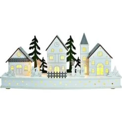 Village De Noël Lumineux, Scène D'hiver Avec LED En Bois Blanc (L/H/P) 44x20x12cm