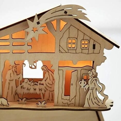 Crèche De Noël En Bois Travaillé Au Laser Avec Lumières LED , Scène Nativité , 21x18x5 Cm 4 Crèche De Noël En Bois Travaillé Au Laser Avec Lumières LED , Scène Nativité , 21x18x5 Cm – Image 2