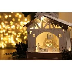 Crèche De Noël En Bois Travaillé Au Laser Avec Lumières LED , Scène Nativité - H=17cm L=18cm