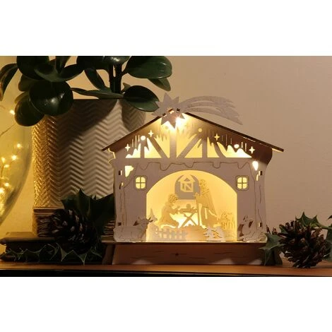Crèche De Noël En Bois Travaillé Au Laser Avec Lumières LED , Scène Nativité - H=17cm L=18cm 4 Crèche De Noël En Bois Travaillé Au Laser Avec Lumières LED , Scène Nativité - H=17cm L=18cm – Image 2