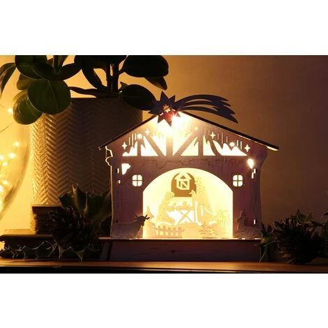 Crèche De Noël En Bois Travaillé Au Laser Avec Lumières LED , Scène Nativité - H=17cm L=18cm 6 Crèche De Noël En Bois Travaillé Au Laser Avec Lumières LED , Scène Nativité - H=17cm L=18cm – Image 4