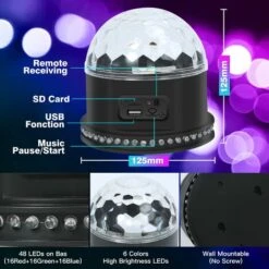 Boule Disco 48LEDs, Boule à Facette Avec Lecteur De Musique Et Haut-parleurs Doubles, Jeux De Lumière Pour Soirée Avec 3 Modes Activés Par Le Son Pour DJ, Noël, Bar Et Fête [Classe énergétique A+++] -Lemax Decor Magasin 70834481 5