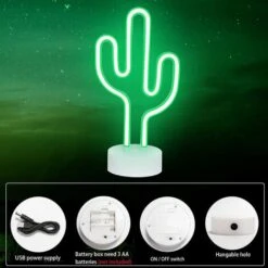 Cactus En Néon à LED, Lampe De Table Décorative En Néon Fonctionne Sur Piles Ou USB, Lumières Décoratives De Salon Pour Les Fêtes De Noël Cadeaux Pour Enfants -Lemax Decor Magasin 72875097 5