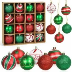 Boules De Noël Rouge Et Vert, 16pcs Boule D'arbre De Noël 6cm, Ornement De Sapin De Noël, Peint Boule Noel Plastique Avec Lanière Pour Decoration Sapin Noel Intérieure Ou Extérieure