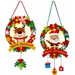 2 Pièces Feutre Noël Couronne,Couronne De Noel Avec Lumières,Suspendre Guirlande De Noël En Feutre,Bricolage Noel Enfant,Couronne De Noel DIY Kit Décoration De Fête,pour Murales Fenêtre Porte