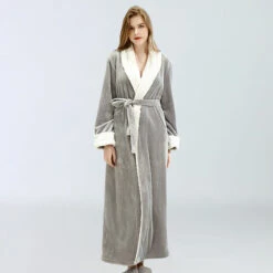 Peignoir Polaire Femme, Robe De Chambre Peignoir à Doux Avec Poches Hiver Cadeau De Noël L Gris WHWY