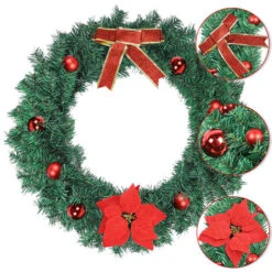 AUFUN Couronne De Noël Artificielle Avec Fleur De Boules Rouges Bowknot, Accessoires De Noël (φ50cm)