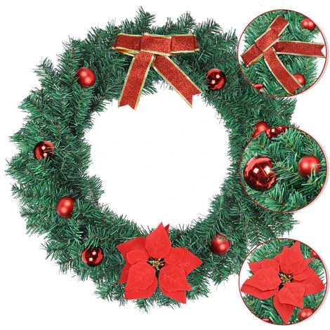AUFUN Couronne De Noël Artificielle Avec Fleur De Boules Rouges Bowknot, Accessoires De Noël (φ50cm) 3 AUFUN Couronne De Noël Artificielle Avec Fleur De Boules Rouges Bowknot, Accessoires De Noël (φ50cm)