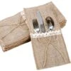 20Pcs Porte Couvert Sac Toile Jute Dentelle Pochette De Vaisselle Fourchette Jute Vintage Décoration Table Fournitures De Mariage Fête Noël Baptême Nœud Jute