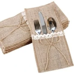 20Pcs Porte Couvert Sac Toile Jute Dentelle Pochette De Vaisselle Fourchette Jute Vintage Décoration Table Fournitures De Mariage Fête Noël Baptême Nœud Jute