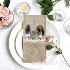 20Pcs Porte Couvert Sac Toile Jute Dentelle Pochette De Vaisselle Fourchette Jute Vintage Décoration Table Fournitures De Mariage Fête Noël Baptême Nœud Jute -Lemax Decor Magasin 95181741 4