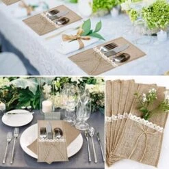 20Pcs Porte Couvert Sac Toile Jute Dentelle Pochette De Vaisselle Fourchette Jute Vintage Décoration Table Fournitures De Mariage Fête Noël Baptême Nœud Jute -Lemax Decor Magasin 95181741 5