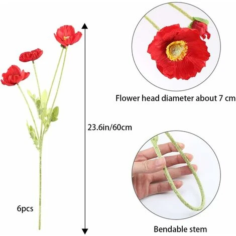 6PCS Fleur Artificielle Rouge Coquelicot Bouquet Fleur Artificielle En Soie Pour Déco Fête De Noël Vase Maison Table Hiver-60cm 4 6PCS Fleur Artificielle Rouge Coquelicot Bouquet Fleur Artificielle En Soie Pour Déco Fête De Noël Vase Maison Table Hiver-60cm – Image 2