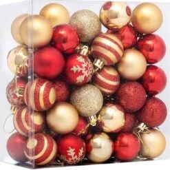 Boule De Noël　Lot Déco Noël - Kit 50 Pièces Pour Décoration Sapin : Guirlandes, Boules Et Cimier - Thème Couleur : OR Et ROUGE