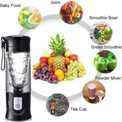 Portable Mixeur Des Fruits, Mini Blender USB Pour Smoothie,Milk-shake,Jus De Fruits,Blender Portable 350-420ml 6 Lames Pour Sport Et Voyage,Sans BPA,Noël Cadeaux Femme Homme (Noir) -Lemax Decor Magasin 97502338 3